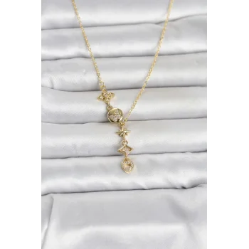 316L Çelik Gold Renk Zirkon Taşlı Y Kadın Kolye