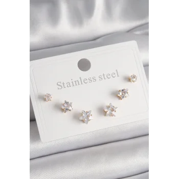 316L Çelik Gold Renk Zirkon Taşlı Yıldız Model Kadın Küpe Seti