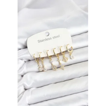 316L Çelik Gold Renk Zirkon Taşlı Yonca Model Kadın Küpe Seti