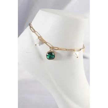 316L Çelik Gold Renk Zümrüt Taş Tasarımlı Halhal