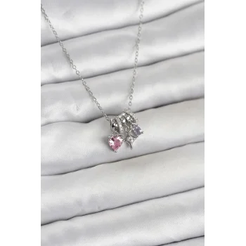 316L Çelik Gümüş Pembe Zirkon Taşlı Charmlı Kadın Kolye