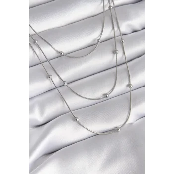 316L Çelik Gümüş Renk 3lü Topçuk Detay Kadın Kolye