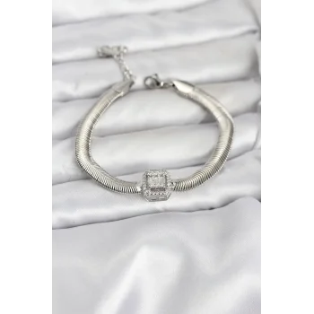 316L Çelik Gümüş Renk Baget Zirkon Taşlı Yılan Zincirli Kadın Bileklik