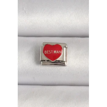 316L Çelik Gümüş Renk Best Man Yazılı Kırmızı Kalp İşlemeli Nomination Charm