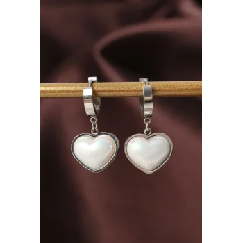 316L Çelik Gümüş Renk Beyaz Bombeli Kalp Küpe