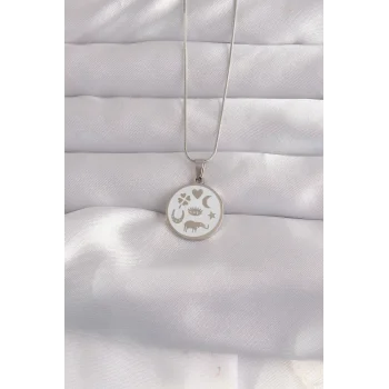 316L Çelik Gümüş Renk Beyaz Mineli Karışık Figürlü Tarot Kolye