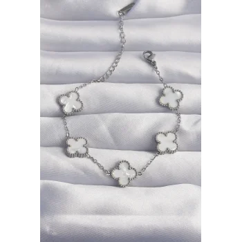 316L Çelik Gümüş Renk Beyaz Sedefli Yonca Bileklik