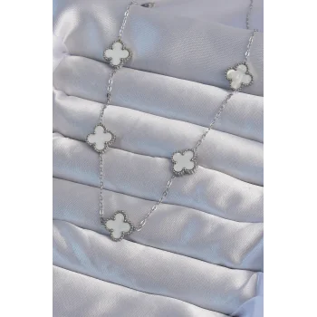 316L Çelik Gümüş Renk Beyaz Sedefli Yonca Kolye