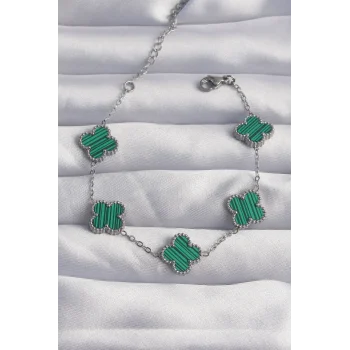 316L Çelik Gümüş Renk Çizgili Yeşil Mineli Yonca Bileklik