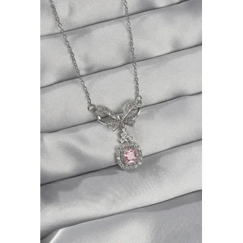 316L Çelik Gümüş Renk Fiyonk Detay Pembe Zirkon Taşlı Tektaş Kolye