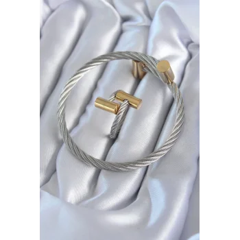 316L Çelik Gümüş Renk Gold Detay Sarmal Model Erkek Bileklik Yüzük Kombini