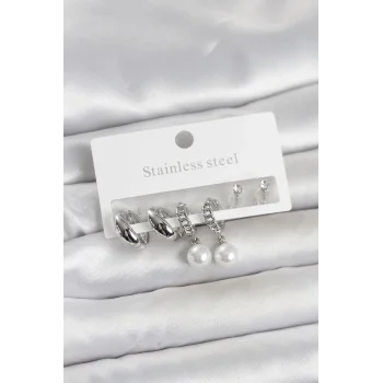 316L Çelik Gümüş Renk inci Halka Detaylı Kadın Küpe Seti