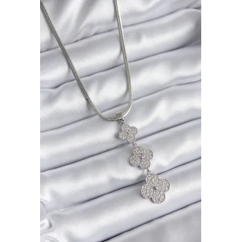 316L Çelik Gümüş Renk İtalyan Zincir Zirkon Taşı Yonca Model Kadın Kolye
