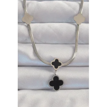 316L Çelik Gümüş Renk İtalyan Zincirli Mineli Yonca Kolye