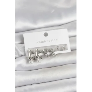 316L Çelik Gümüş Renk Kadın Küpe Seti