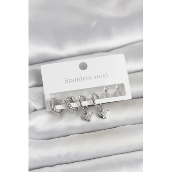 316L Çelik Gümüş Renk Kalp Detaylı Kadın Küpe Seti