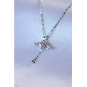 316L Çelik Gümüş Renk Kanatlı Kalp Figür Zirkon Taş Detay Kadın Kolye