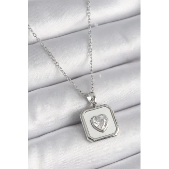 316L Çelik Gümüş Renk Kare Madalyon Kalp Zirkon Taş İşleme Kadın Kolye