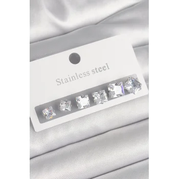 316L Çelik Gümüş Renk Kare Zirkon Taşlı Kadın Küpe Seti
