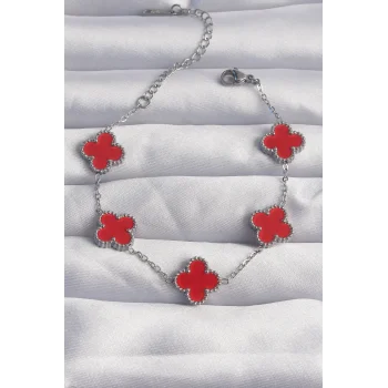 316L Çelik Gümüş Renk Kırmızı Mineli Yonca Bileklik