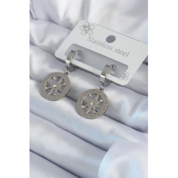 316L Çelik Gümüş Renk Kutup Yıldızı Model Zirkon Taş İşleme Detay Kadın Küpe