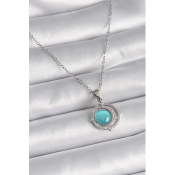 316L Çelik Gümüş Renk Mavi Sedefli Hilal Model Kadın Kolye