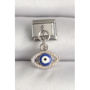 316L Çelik Gümüş Renk Nazar Boncuk Detaylı Göz Model Nomination Charm