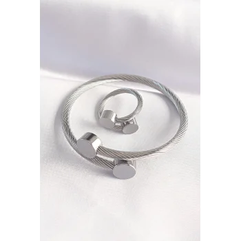 316L Çelik Gümüş Renk Oval Aksesuarlı Burgu Model Bileklik ve Yüzük Kombini