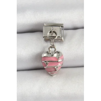 316L Çelik Gümüş Renk Pembe Kalp Model Nomination Charm