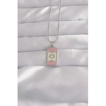 316L Çelik Gümüş Renk Pembe Mineli Ay Figür Tarot Kolye