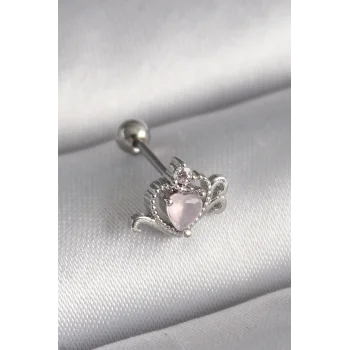 316L Çelik Gümüş Renk Pembe Mineli Kalp Zirkon Taş Detay Tragus Piercing
