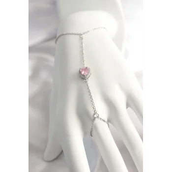 316L Çelik Gümüş Renk Pembe Zirkon Taşlı Kalp Şahmeran