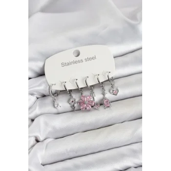 316L Çelik Gümüş Renk Pembe Zirkon Taşlı Lotus Detaylı Kadın Küpe Seti