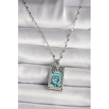 316L Çelik Gümüş Renk Pembe Zirkon Taşlı Taç Kalp Portre Model Kadın Kole