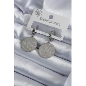 316L Çelik Gümüş Renk Pentagram Yıldızı İşleme Kadın Küpe