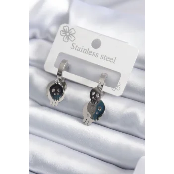 316L Çelik Gümüş Renk Sallantı Kuru Kafa Model Kadın Küpe