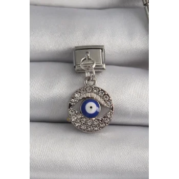316L Çelik Gümüş Renk Sallantı Zirkon Taşlı Göz Model Nazar Boncuk Detay Nomination Charm