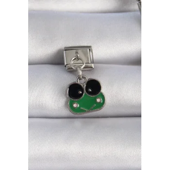 316L Çelik Gümüş Renk Sallantılı Yeşil Kurbağa Figür Nomination Charm