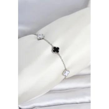 316L Çelik Gümüş Renk Siyah Beyaz Baby Yonca Model Kadın Bileklik