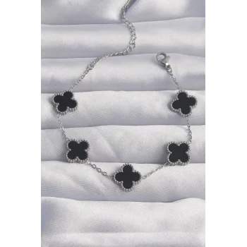 316L Çelik Gümüş Renk Siyah Mineli Yonca Bileklik