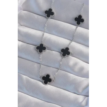 316L Çelik Gümüş Renk Siyah Mineli Yonca Kolye