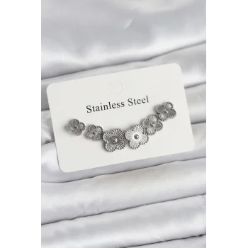 316L Çelik Gümüş Renk Yonca Küpe Seti