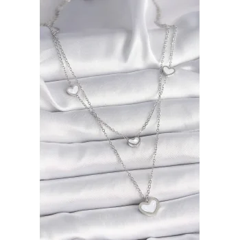316L Çelik Gümüş Renk Zincir 2Li Zincir Kalp Model Kadın Kolye