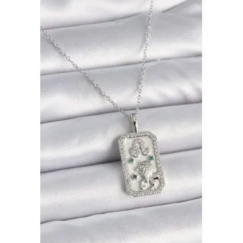 316L Çelik Gümüş Renk Zincir Aslan Burcu Zirkon Taşlı Kadın Kolye
