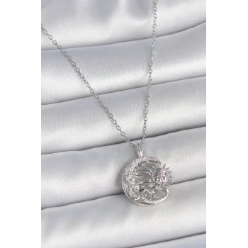 316L Çelik Gümüş Renk Zincir Ay Güneş Model Zirkon Taş Detay Kadın Kolye