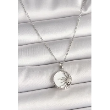 316L Çelik Gümüş Renk Zincir Beyaz Mineli Gün Batımı Model Kadın Kolye