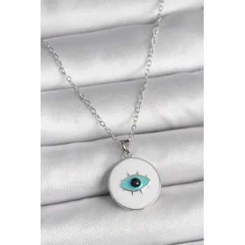 316L Çelik Gümüş Renk Zincir Beyaz Mineli Turkuaz Göz İşleme Model Kadın Kolye