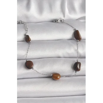 316L Çelik Gümüş Renk Zincir Kahverengi Doğaltaş Model Kadın Bileklik