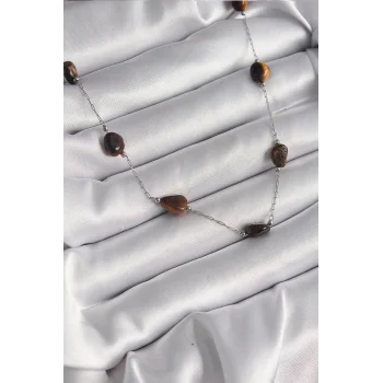 316L Çelik Gümüş Renk Zincir Kahverengi Doğaltaş Model Kadın Kolye