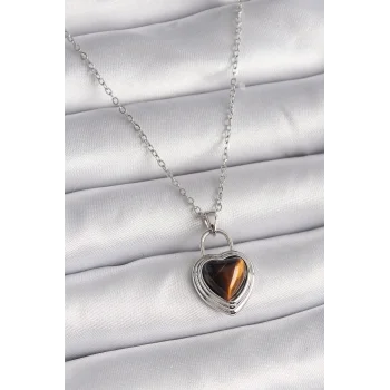 316L Çelik Gümüş Renk Zincir Kilit Kalp Kehribar Boncuk Model Kadın Kolye
